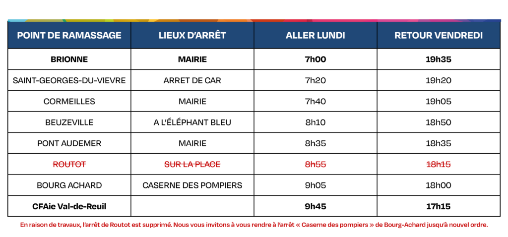 CFAie Tableau horaires transports 2024-2025 - Ligne 4 Brionne - Pont Audemer - Arret Routot supprimé