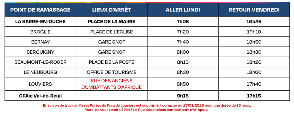 CFAie Tableau horaires transports 2024-2025 - Ligne 3 Bernay - Travaux arrêt Louviers modifié à compter du 27-01-2025