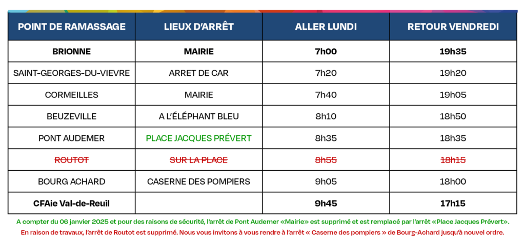 CFAie Tableau horaires transports 2024-2025 - Ligne 4 Brionne - Pont Audemer - Arret Routot supprimé + modification arrêt Pont Audemer