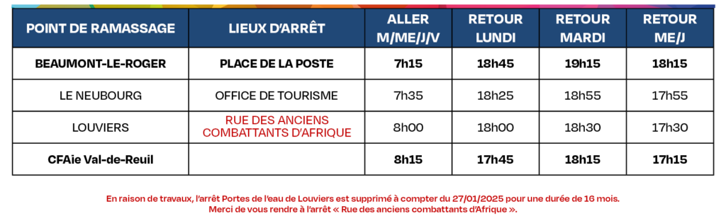 CFAie Tableau horaires transports 2024-2025 - Ligne 9 Beaumont-le-Roger - Travaux arrêt Louviers modifié à compter du 27-01-2025